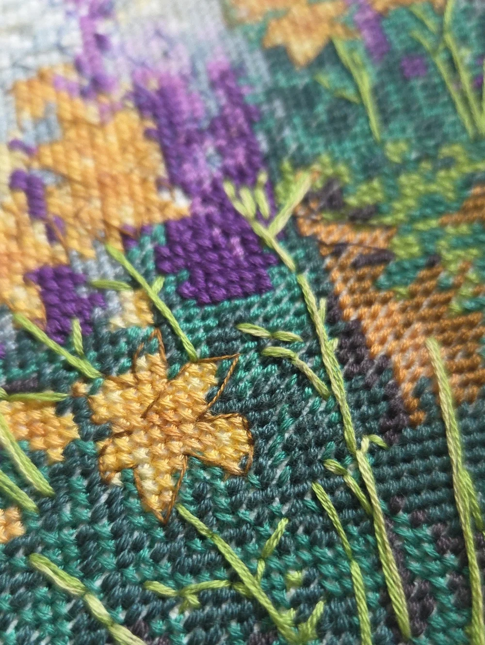 Hand-Embroidered Garden Scene Wall Art - Purple, Green, Yellow